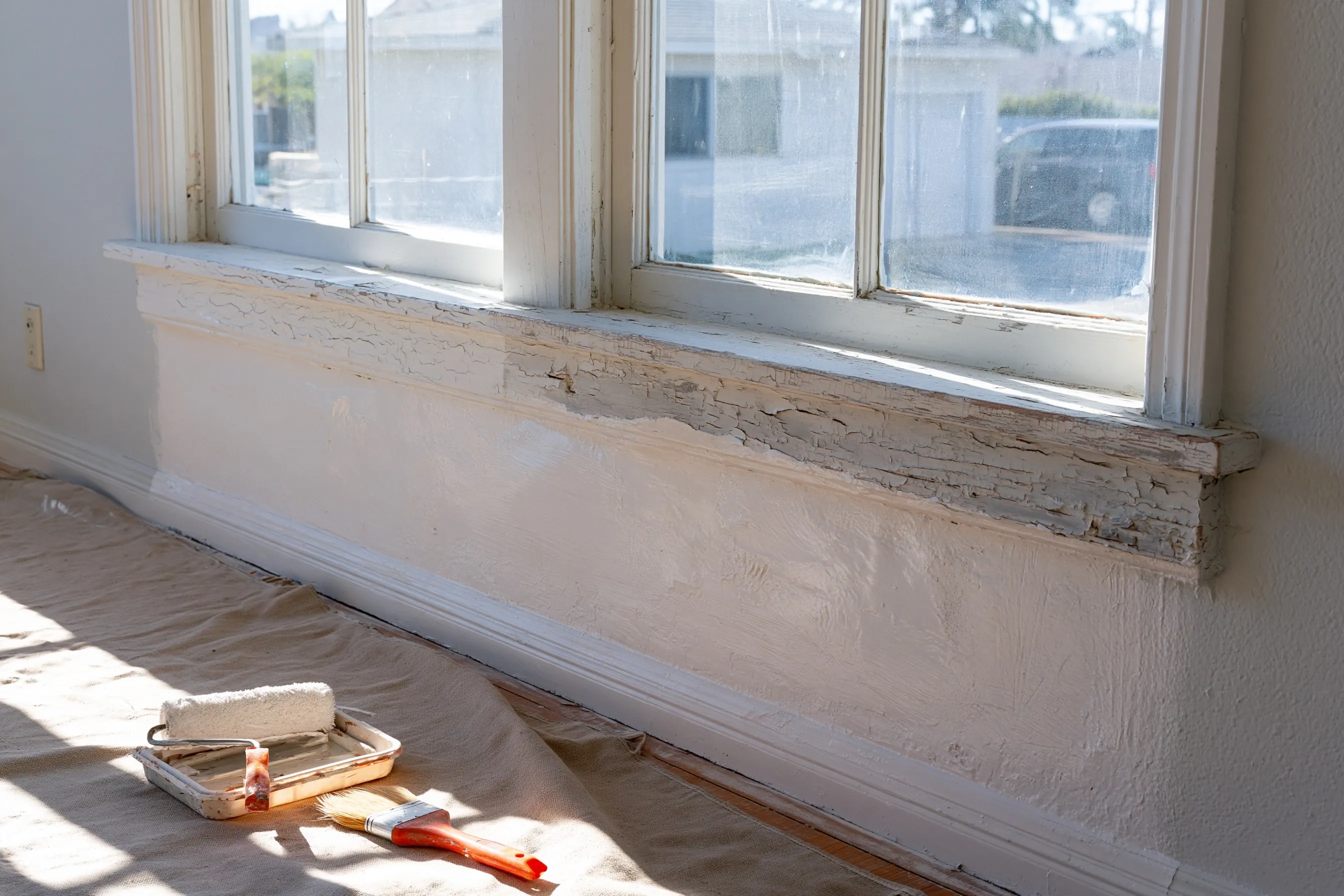 Older painted plaster wall below a cracked painted wood window sill, partly recoated in white, with a roller tray and brush on a drop cloth