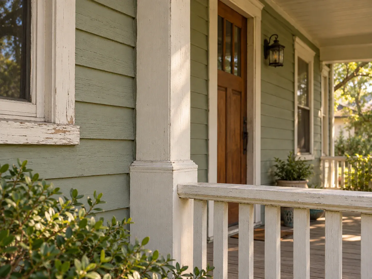 Painted wood siding, window trim, porch post and railing with worn, chipped paint